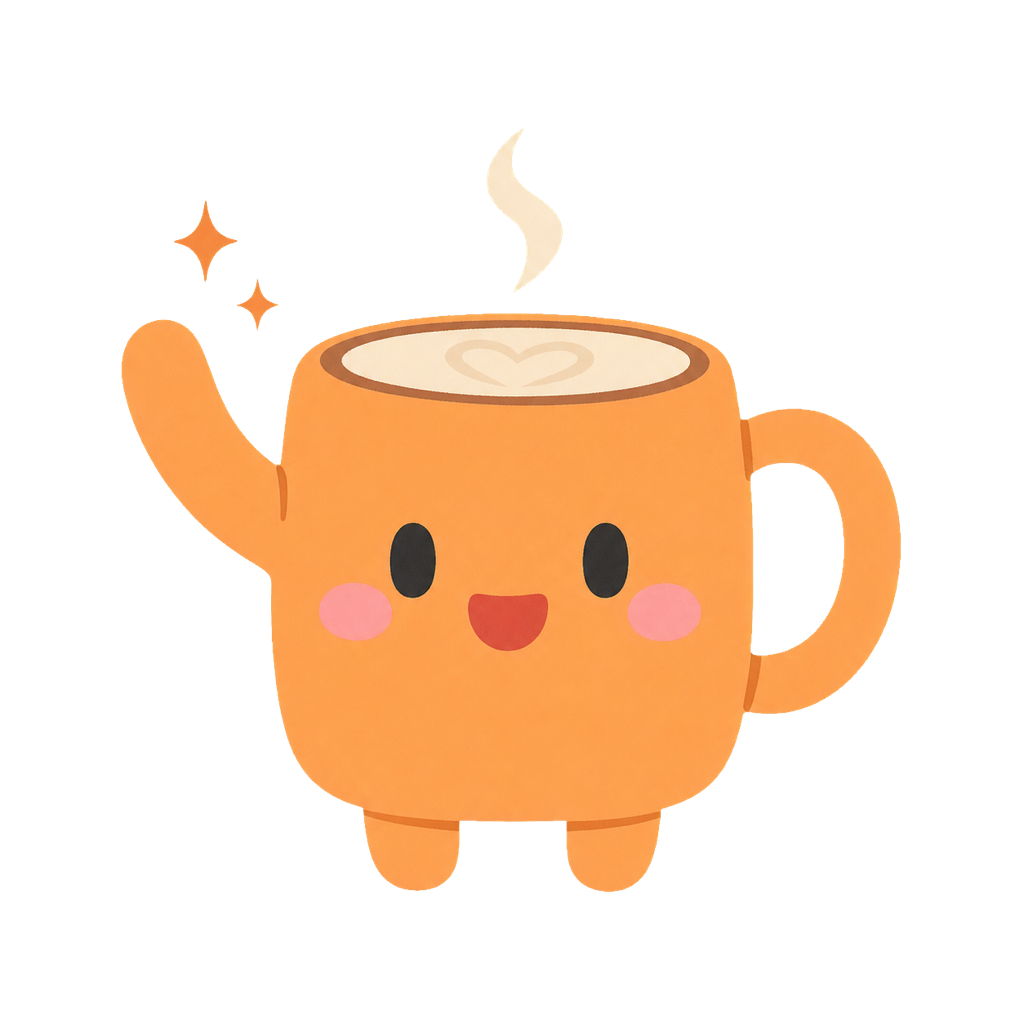 Fika Lingo mascot waving beside a coffee cup